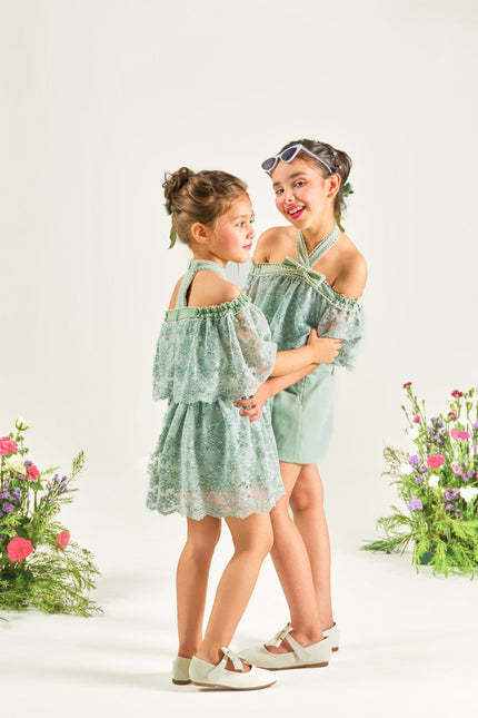 Tiered‑Lace Twirl Dream -Tea Green